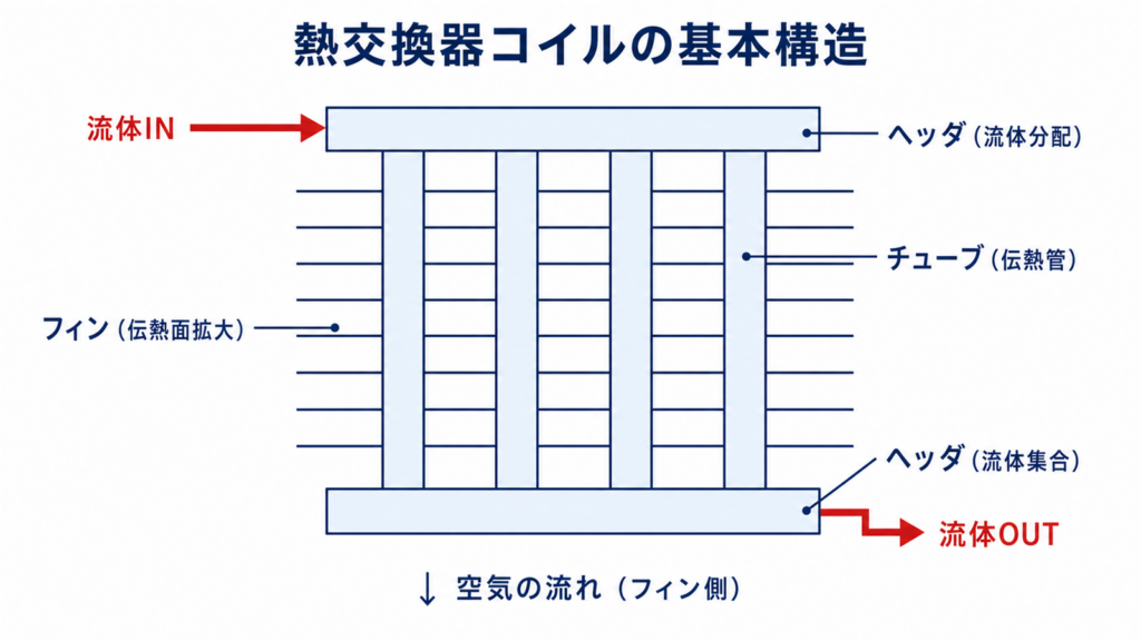 熱交換器コイルの基本構造を示す断面図。チューブ、フィン、ヘッダの配置と流体の流れ