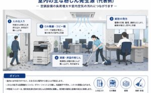 紙粉・人の出入り・清掃・OA機器など、室内の主な粉じん発生源