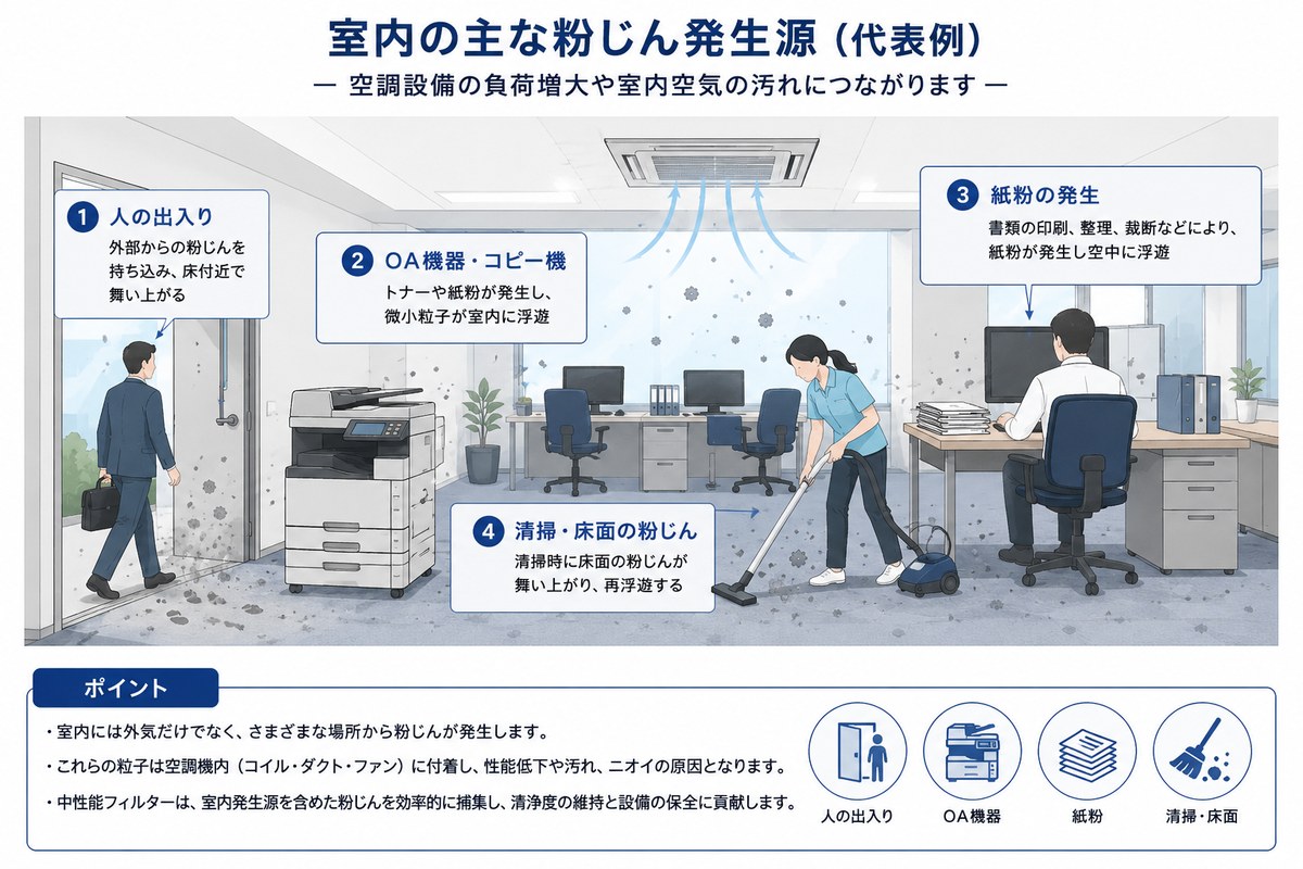 紙粉・人の出入り・清掃・OA機器など、室内の主な粉じん発生源