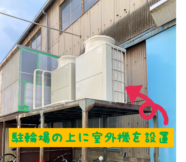 駐輪場の上に設置したパッケージエアコン室外機