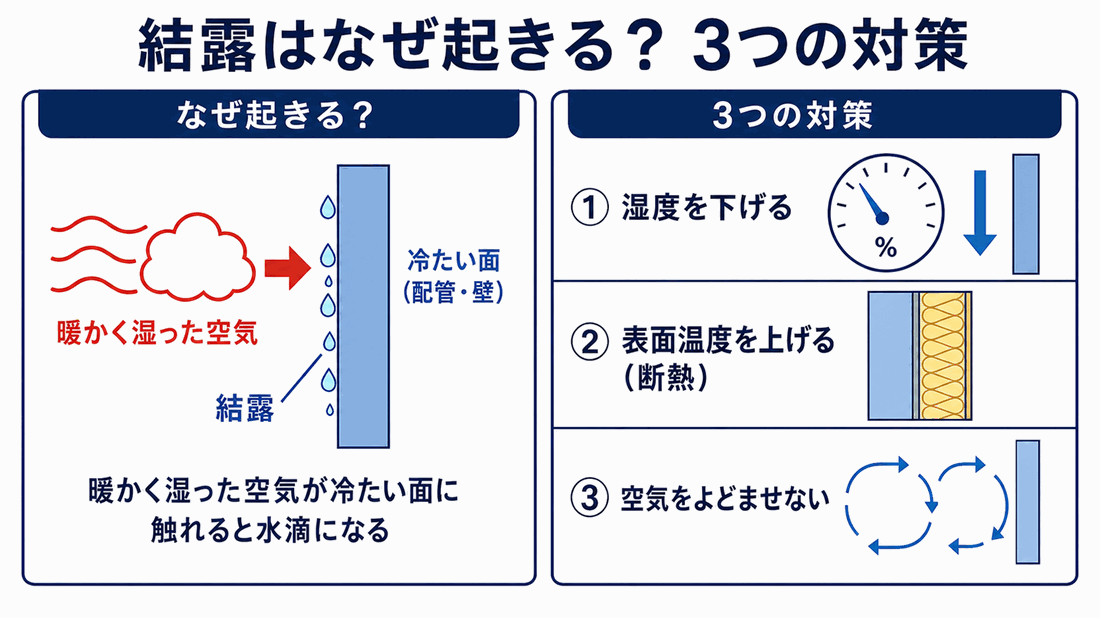結露の発生メカニズムと3つの対策(湿度を下げる・表面温度を上げる・空気をよどませない)を示す図