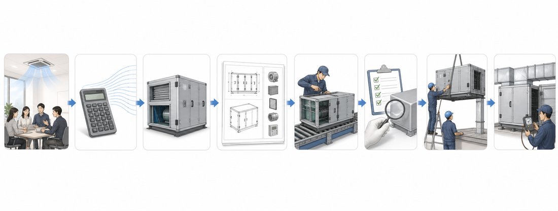 空調機ができるまでの流れ。要求の打ち合わせ、計算、機器選定、図面、製作、検査、据付、試運転へと進む