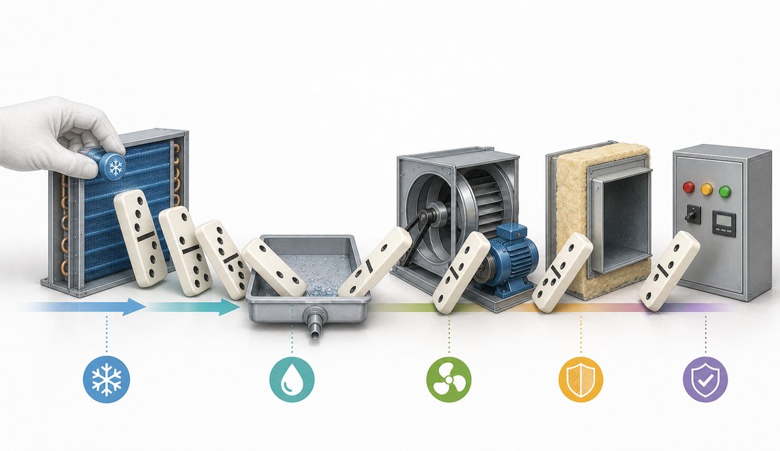 コイル、ドレンパン、送風機、断熱パネル、制御盤がドミノのように連なり、一カ所の変更が全体へ波及することを表した図